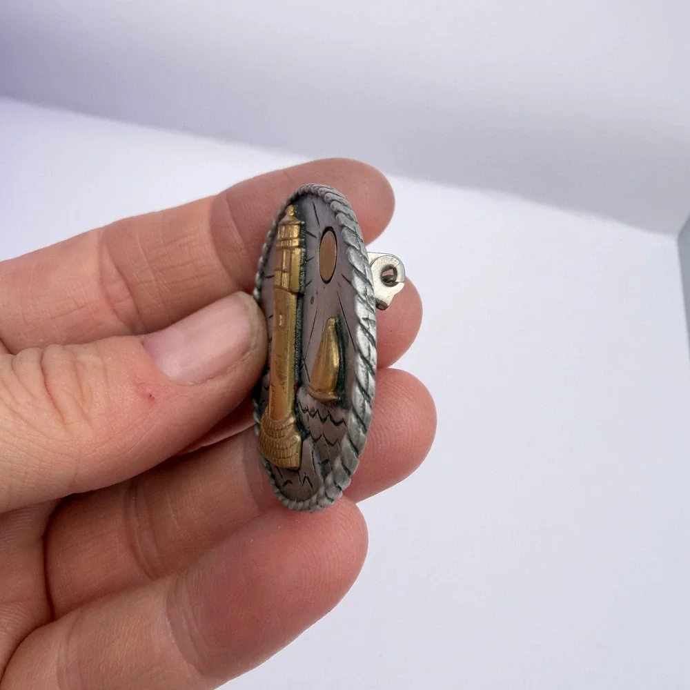 JJ Jonette‎ VTG Lighthouse Sailboat Brooch Two Tone Nautical Ocean Sailing Oval